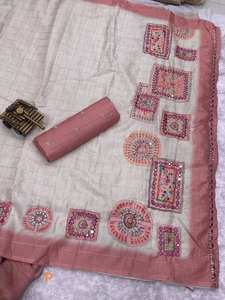 Elegante Tussar Cotton Saree Impresión digital Zari Jacquard Trabajo de espejo de mano que incluye pieza de blusa para especial indio pakistaní - Product Image 3