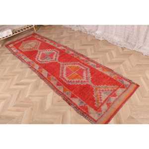 Turkish Rug, 2.8x9.8 ft <b>Runner</b> Rug, <b>Red</b> Striped Wool Vintage Rug - Product Image 3