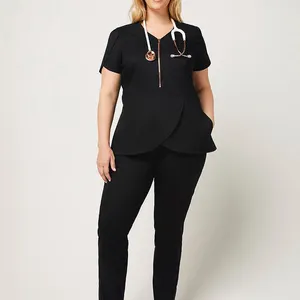 Groothandel Medische Hulpverleners V-Hals Blouse Met Pocket Korte Mouw Top Zwarte Stretch Arts Verpleegster