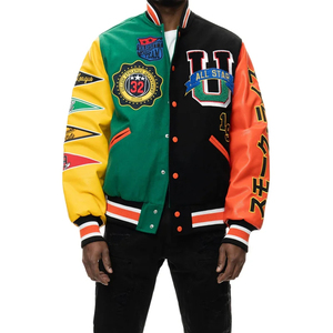 เสื้อแจ็กเก็ตผู้ชายแนวสตรีทผ้ากำมะหยี่แขนเสื้อหนังปักลายตัวอักษรเบสบอล - Product Image 1