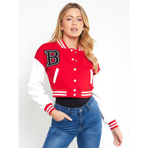2025 últimos deportes ropa de equipo en blanco Top corto universitario chaquetas Varsity cuello alto botones a presión chaqueta universitaria recortada para mujer - Product Image 3