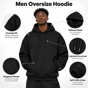Sweat à capuche oversize en molleton 100 % coton noir de qualité supérieure pour homme, nouveau style 2026, avec logo personnalisé, streetwear d'hiver sur mesure - Product Image 6