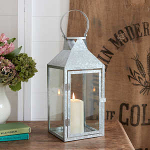 <b>Set</b> Two Elegant Galvanized Metal Outdoor Candle <b>Lanterns</b> Natural Finish for Home Decor Weddings Christmas Includes Wood Candle - Product Image 5