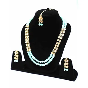 Ensemble de collier long plaqué or 24 carats Kundan vert clair avec zircon pour mariage, ensemble de bijoux fins pour mariée - Product Image 2