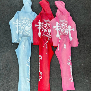 Streetwear OEM, survêtements évasés lavés à l'impression numérique, ensemble pantalon de survêtement vintage délavé au soleil et sweat à capuche court - Product Image 1