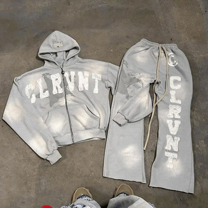 Acid Wash Zipup Chándales Flare Athletic Zip Up Sudadera con capucha y pantalones de chándal Chándal para hombres Precio bajo - Product Image 3