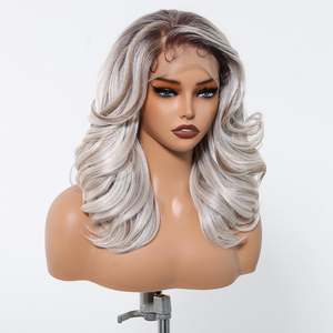 DWY High Quality Silver Gray <b>Wig</b> Transparent Lace Wavy Curly <b>Afro</b> Short Curly Synthetic Fiber Hair Heat-Resistant Includes Bangs - Product Image 2