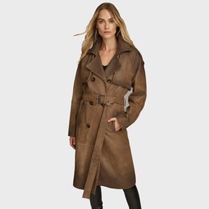 Veste en cuir véritable de haute qualité pour femmes grande taille Trench-Coat long avec décoration de boutons de style décontracté et doublure en soie - Product Image 1