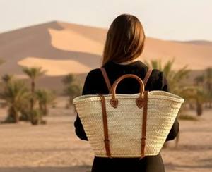 Sac à dos en paille marocain, sac fourre-tout en feuilles de palmier tissé à la main avec des lanières en cuir, sac fourre-tout en paille - Product Image 3