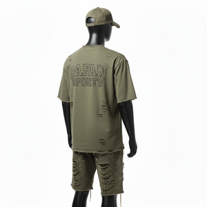 Conjunto de Camiseta y Pantalones Cortos de Algodón Jersey de Alta Calidad para Hombre, 220 GSM, Tejido Transpirable, Estilo Desgastado, Logotipo Personalizado, Conjunto de 2 Piezas - Product Image 4