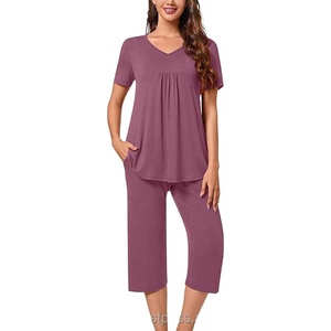 Femmes été à manches courtes ensembles de vêtements de nuit plissé Capri pantalon pyjama salon avec poches dames vêtements de nuit 2026 - Product Image 4