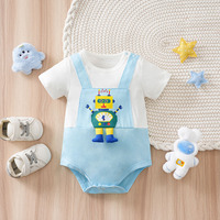 Combinaison pour nouveau-né personnalisée, motif robot de dessin animé mignon, bleu et blanc, à manches courtes, imprimée, avec empiècements et coins contrastants