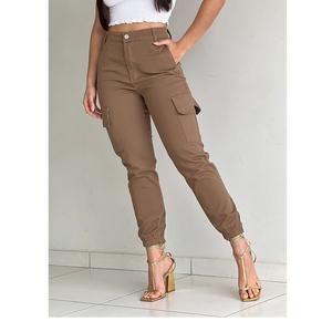 Pantalones cargo holgados de tiro alto de sarga informales personalizados para mujer con precios al por mayor, proveedor de bolsillos de BD - Product Image 2