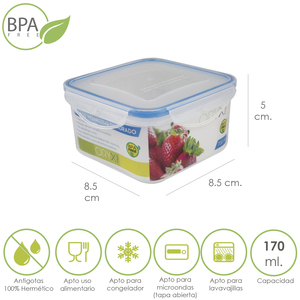 Contenitore Ermetico Quadrato in Plastica da 170 ml 8,5x8,5x5 (H) cm. - Product Image 1