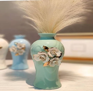 Vase moderne en céramique sarcelle foncée avec motif de feuille d'or gravé pour les décorations d'hôtel de bureau à domicile disponibles à des prix de gros - Product Image 5