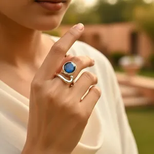 925 Sterling Silver Women's Gemstone <b>Ring</b> with <b>Labradorite</b> Hand-shaped Bezel Setting Free Size Gift - Product Image 1