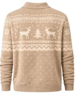 Pull en laine beige à motif nordique personnalisé par le fabricant, col boutonné, manches longues, pull classique chaud d'hiver pour homme - Product Image 2