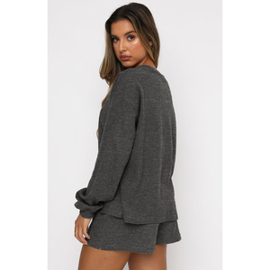 Spandex/poliéster sólido suelto de talla grande Casual cuello redondo sudaderas y pantalones cortos de dos piezas gimnasio Fitness conjuntos para mujeres - Product Image 6