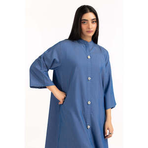 Camisa Larga de Sarga Teñida con Cuello Mandarín, Simplicidad Elegante - IPS-44808-A - Product Image 1