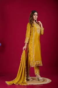Attractive Lightweight <b>Silk</b> Semi-Stitched Front Self Embroidery Indian Shalwar Kameez Party Dresses Gown for Women - Product Image 6