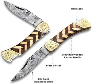 Cuchillo de bolsillo plegable de Punta caída de acero de Damasco hecho a mano OEM/ODM de alta calidad personalizado al por mayor grabado de cuero trasero de madera - Product Image 2
