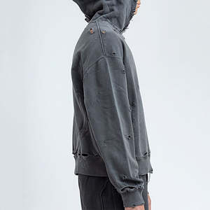 100% Cotton 400 GSM Heavy Weight Distressed Acid Washed Zip-up Hoodie for Men Vintage Winter Embroidered Full <b>Rhinestones</b> Mens - Product Image 4