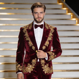 Costume de smoking pour homme en velours bordeaux avec broderie dorée, costume de mariage sur mesure pour le marié - Product Image 1