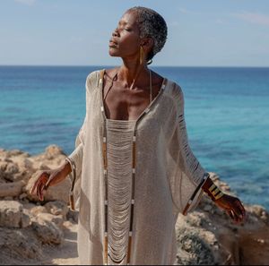 Caftán Vintage de diosa dorada para mujer, 100% de algodón con bordado de borlas, cuello cuadrado, encubrimiento largo para la temporada de otoño - Product Image 2