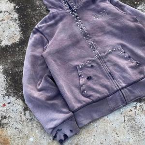 Custom Hoodie <b>Manufacturer</b> Mens Zip-Up Hoodie Distressed Acid Wash Sun-Faded <b>Design</b> with Rivet <b>and</b> Rhinestone Embellishments - Product Image 5
