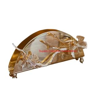 Top Golden Brass Metal <b>Napkin</b> <b>Holder</b> With Decorative Leaf Design Premium Tabletop Tissue Stand For Dining Table & Home Decor - Product Image 6