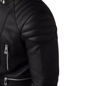 Men's <b>Black</b> PU Leather Moto Jacket Stand Collar Zipper Closure Slim Fit Regular Sleeve Solid Color Autumn Wear - Product Image 3