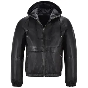 Chaqueta con capucha negra para hombre, chaqueta de piel de oveja auténtica, estilo chaqueta de cuero con capucha para invierno
