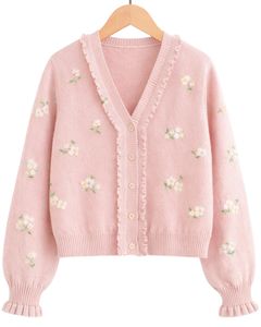 Manufacturer Customized <b>Women</b> Baby Pink Knit <b>Cardigan</b> Sweater <b>With</b> Floral Print Ruffle V Neck Button Front Cute Winter Fashion - Product Image 1