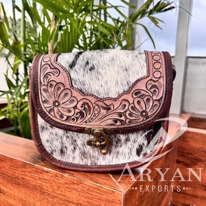 Sac à bandoulière en cuir usiné à cheveux le plus vendu pour femmes sac à main en cuir véritable occidental sacs à bandoulière en cuir de vachette à fleurs marron - Product Image 1