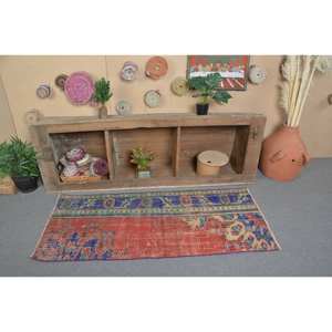 Alfombra de lana turca vintage de 2,3x5,2 pies, rectángulo clásico de área grande con patrón de retazos en azul naranja para dormitorio con respaldo de látex - Product Image 3