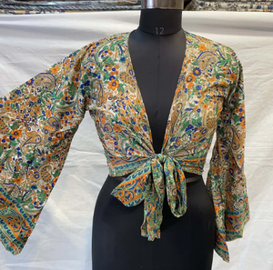 Ensemble de pyjama en soie Vintage indien haut court en soie recyclée haut portefeuille Palazzo femmes courte longueur été imprimé fleuri respirant cadeaux - Product Image 4