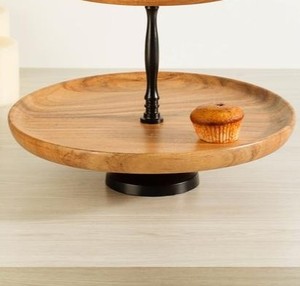 Présentoir à gâteaux moderne à 3 niveaux en bois d'acacia avec tige en métal noir, tour à cupcakes ronde, plateau à étages style ferme, présentoir à desserts - Product Image 4