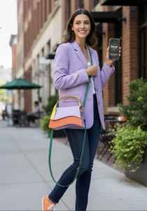 Sac à main vintage en cuir véritable pour femmes, couleur contrastée, violet orange, sac bandoulière, sac à main tendance, sac à main d'été, sac à main avec fermeture éclair - Product Image 4