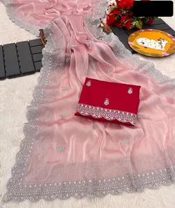 Nuevo diseñador de ropa de mujer Heavy Georgette Saree con piezas de blusa Ropa de boda y Festival Banarasi Sari de seda con trabajo de tejido