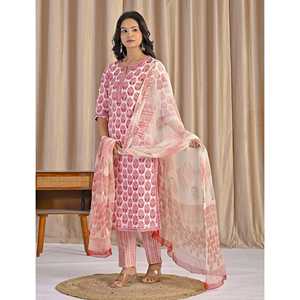 Conjunto de Kurta y Pantalón de Algodón con Estampado a Mano Azul, Estilo Pakistaní, Vestidos Indios con Anarkali Lehenga Choli Hecho de Tela de Red - Product Image 5