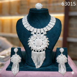 Luxury Silver Plated Floral Pendant & Tassel Drop Necklace <b>Set</b> Heavy <b>Bridal</b> Model 63015 Fashion <b>Jewelry</b> - Product Image 1
