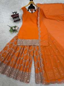 Premium Designer Heavy Work Festival Wear Faux Georgette <b>Top</b> And Palazzo Thread With <b>Sequence</b> Embroidery Work <b>Top</b> With Sharara - Product Image 4