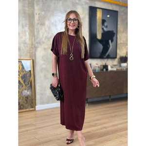 Robe longue en viscose à deux fils pour femme, à manches courtes, col rond, boutonnée, 37128 - Bourgogne - Product Image 5