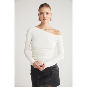 GRIMELANGE SISSI Kadin Organic Cotton Asymmetric Neck Lycra Stretch Fabric Blouse - Product Image 5