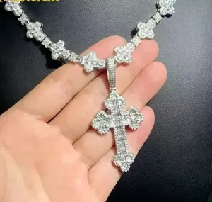 925 Sterling Silver Men's Christian Religious <b>Cross</b> Pendant with 3 Ct Natural Round Moissanite Baguette 15g - Product Image 4