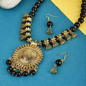Top Indian manufacturer Black Oxidised Golden Round Sun Design Necklace Women Girls Wedding Party Antique look Black Mala
