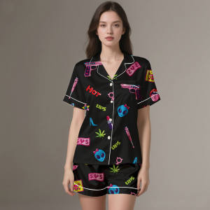 Elegant Adult Silk Satin Breathable Lightweight Summer Spring Digital Printed Sleepwear Pajamas - Product Image 2