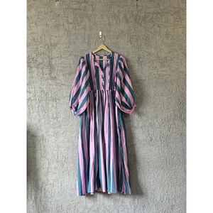 Grey Stripe Maxi <b>Elastic</b> Waist Collared Neck Woven Loose Breathable Solid Floor-Length Leisure Day Holidays Celebrations XL - Product Image 3