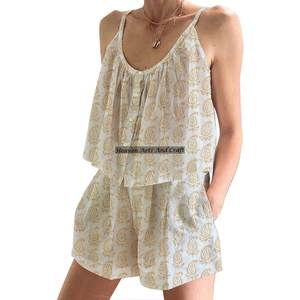 Ensemble de pyjama en coton imprimé à la main, short, pyjama de nuit, Kurti, printemps/été, floral, ajusté, bretelles fines, sans manches - Product Image 5