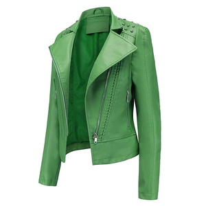 Chaqueta de Motociclista Verde de Cuero Genuino para Mujer, Chaqueta de Moto Ajustada con Tachuelas, Cierre de Cremallera, Manga Larga, Prenda Exterior Moderna, Pieza de Moda 2026 - Product Image 1